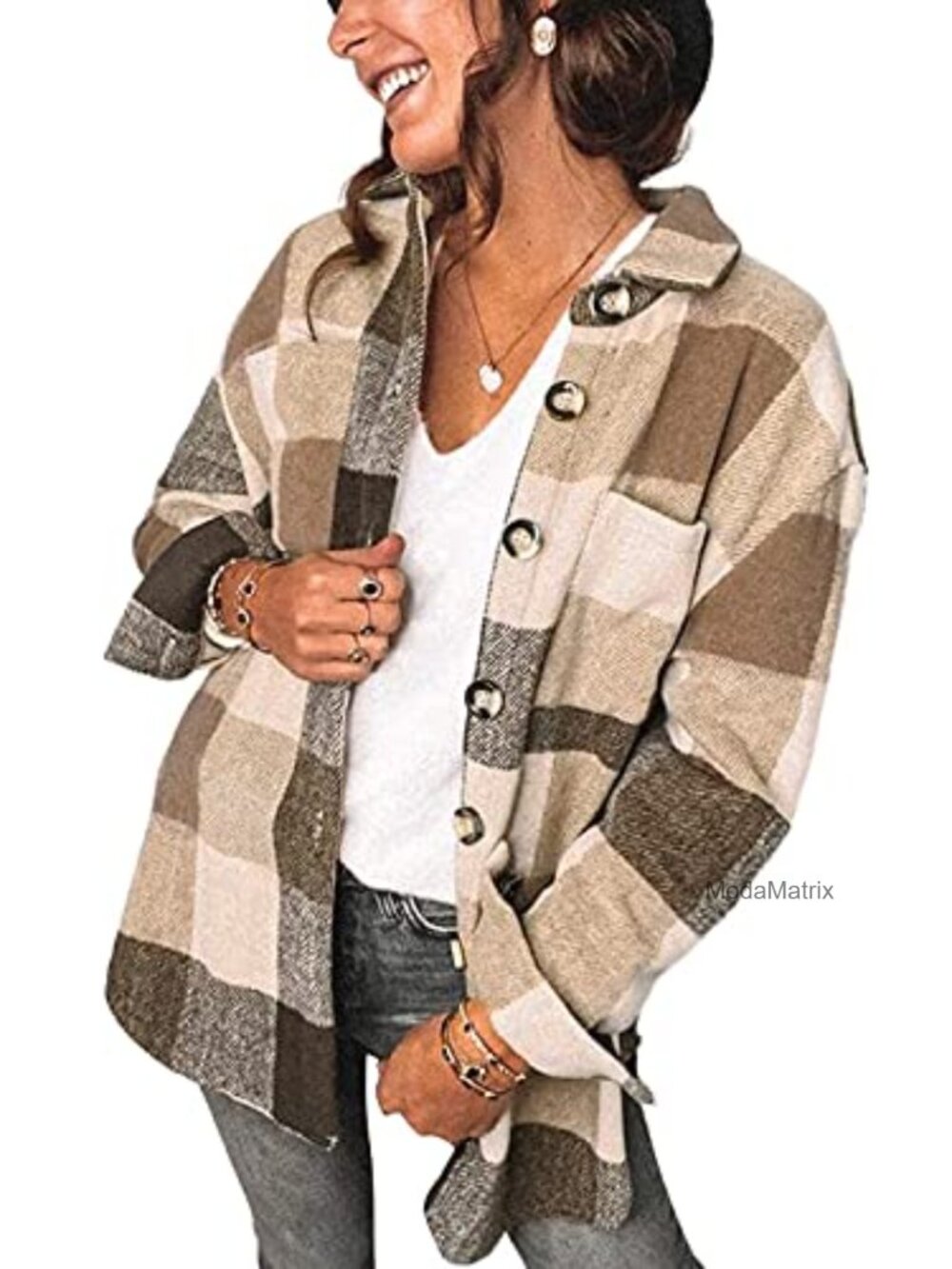 Women's Brushed Plaid Flannel Shacket Button Down Long Sleeve Oversized Jacket